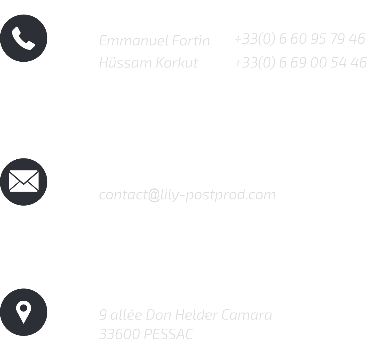 Coordonnées de Lily Post Prod, spécialiste de la post-production audiovisuelle à Bordeaux en Nouvelle Aquitaine